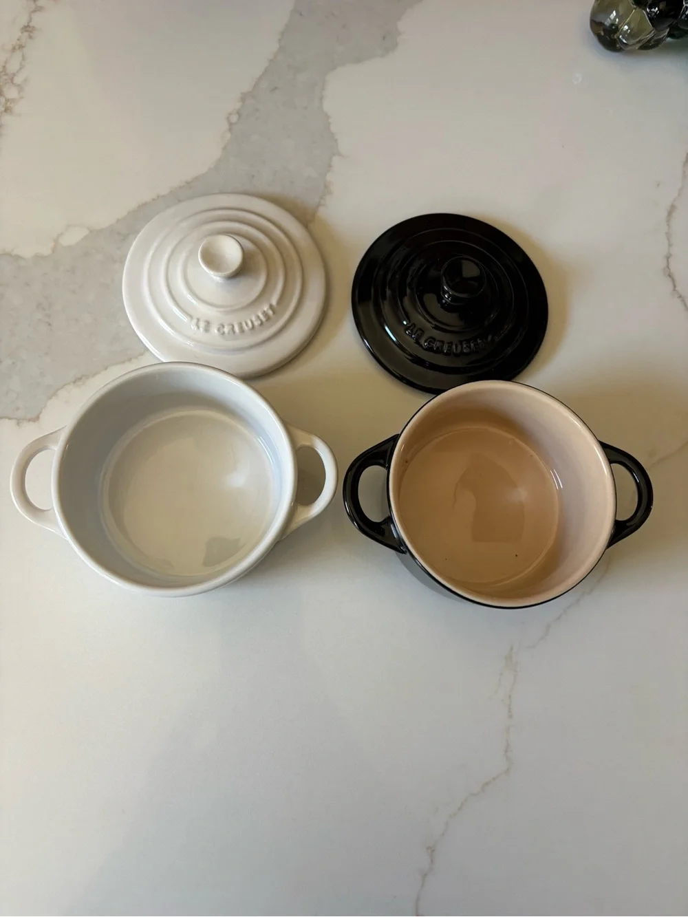 Le Creuset Ceramic Mini Cocotte Pair in White and Black EUC